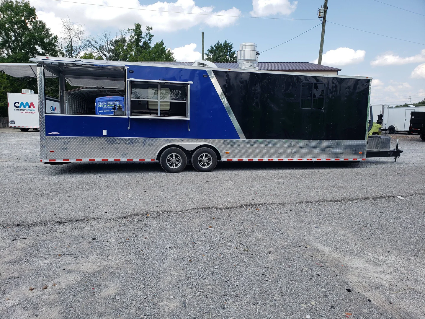 8.5' x 30' Black and Cobalt Blue BBQ Porch Style Concession Trailer - Image 2